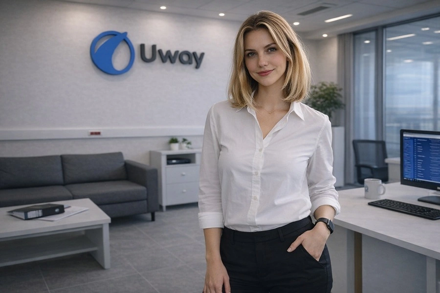 Фото сотрудника Uway на фоне логотипа